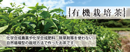 小栗農園の有機栽培茶シリーズ　化学合成農薬や化学合成肥料、除草剤を使わない自然循環型の栽培方法で作ったお茶です。