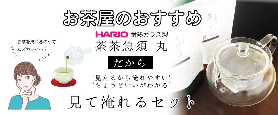 お茶屋のおすすめHARIO耐熱ガラス製茶茶急須丸だから中身が見えて淹れやすい　見て淹れるセットメイン画像